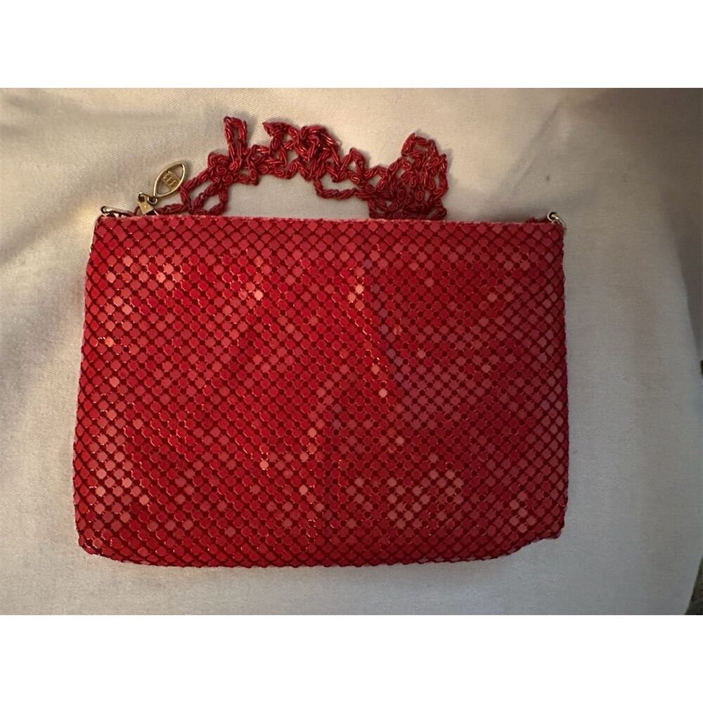 Elka Vintage Red Metal Mesh Evening Clutch Bag with Chain Strap